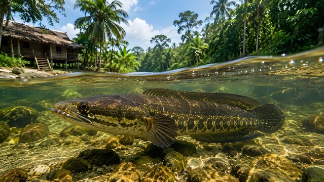 Snakehead Fish in Clear Tropical River with Traditional Village House &ndash; Freshwater Wildlife Scene