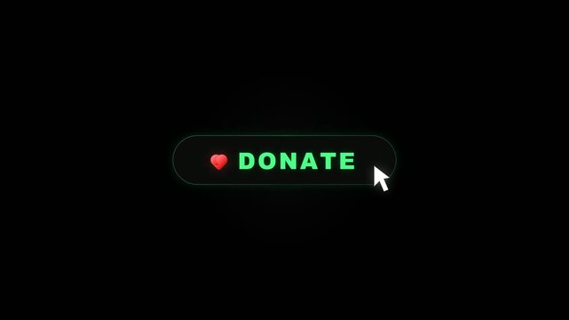Donate Button Animation with a Clicking Mouse Cursor on a Black Background. 4K Video