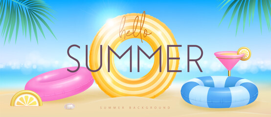 Naklejka premium Hello Summer banner or poster with 3d realistic colorful inflatable swim rings and cocktail on beach background. Summertime background. Vector illustration