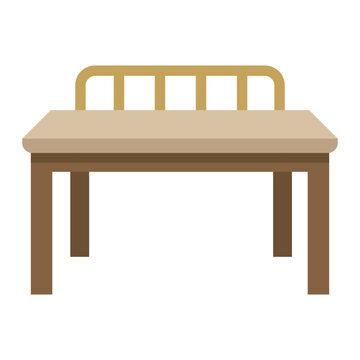 Traditional wooden bench with vertical slatted spindle backrest for dining area in flat vector style
