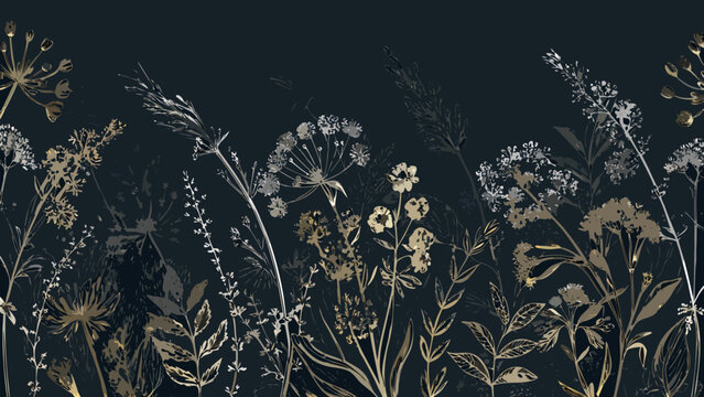 wildflower arrangement in monochrome vector style floral pattern nature botanical graphic design artwork illustration natural organic decorative background texture ornament print