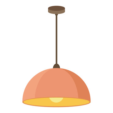 Minimalist dome pendant ceiling lamp in warm orange tone with long hanging cable in flat vector style