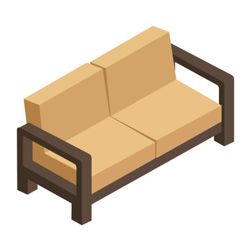 Modern isometric two seater sofa couch with black wood stick armrest frame in flat vector style