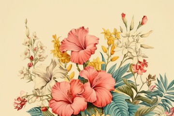 Fototapeta premium Vintage drawing of flowers hibiscus pattern plant.