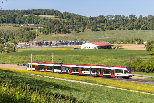 Commuter train of S-Bahn Zurich by SBB Swiss Federal Railways Thurbo on line S36 public transport in Eglisau, Switzerland