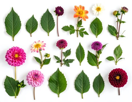 Colorful Dahlia Flowers and Green Leaves Arranged on White Background