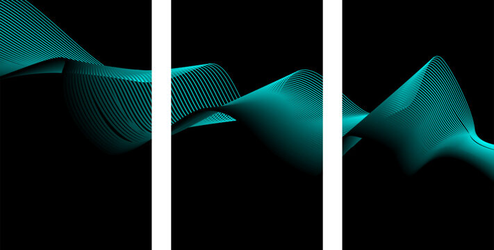 Abstract triptych art with teal flowing wave patterns on dark background abstract triptych minimalist geometric movement
