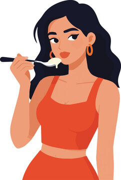 Beautiful Girl Enjoying Food with Spoon Fashion Character Vector Design