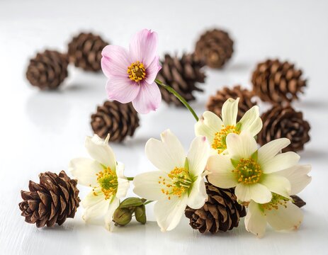 Delicate Wildflowers Arranged with Pinecones on White Wooden Surface