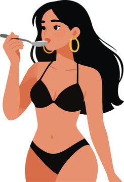 Beautiful Girl Enjoying Food with Spoon Fashion Character Vector Design