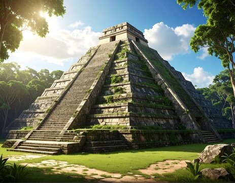 Ancient Stone Pyramid Rising in Lush Tropical Jungle