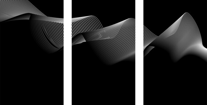 Abstract triptych of 3D flowing monochrome wave mesh pattern on black with abstract monochrome triptych geometric structure