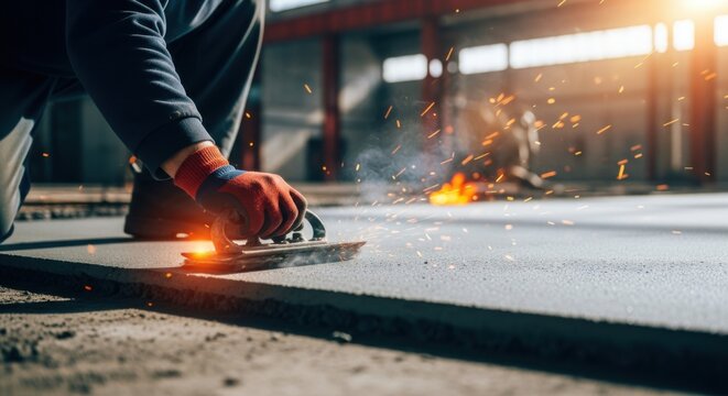 Industrial Laborer Using Concrete Smoothing Tool in Workshop Construction Scene