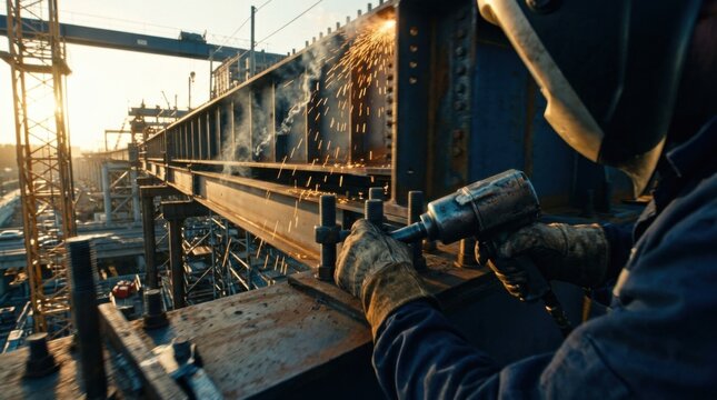 Industrial Laborer Welding and Bolting Structural Steel Beams At Construction Site