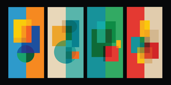 Abstract overlapping geometric shapes and square compositions.