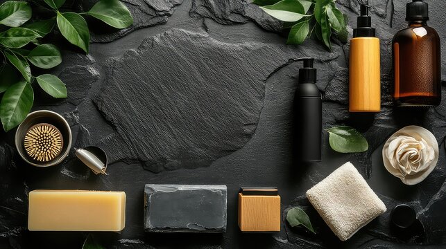 Concept of men's hygiene tools on black smokey table