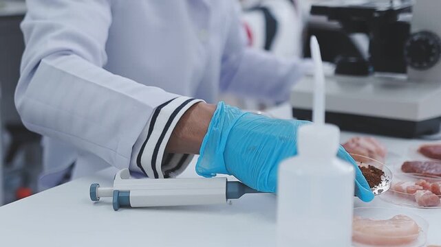 Close up scene of researcher examining alternative protein powder in sterile lab conditions with organized instruments promoting eco forward food innovation for sustainable biotechnology and nutrition