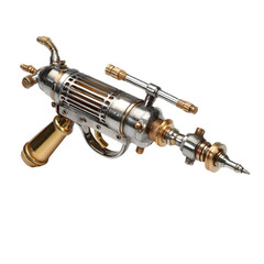 Naklejka premium Steampunk style futuristic retro rifle gun on white background with metallic gold and silver details
