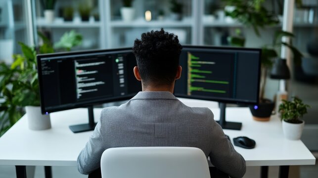 Programmer in Modern Office: A programmer, viewed from behind, diligently codes on dual monitors in a bright, modern office filled with lush green plants, creating a serene and productive workspace.