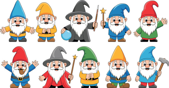 Cute Cartoon Garden Gnome and Wizard Characters Vector Illustration Collection with Little Dwarfs Holding Magic Wands Hammer and Crystal Ball for Fairytale Designs