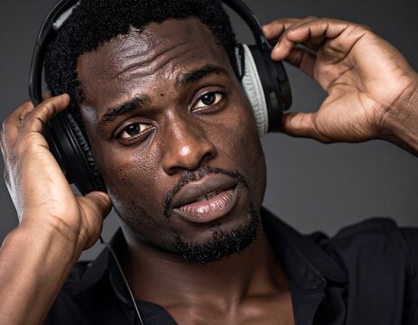 Focused Young Man Adjusting Headphones in Studio Portrait Setting