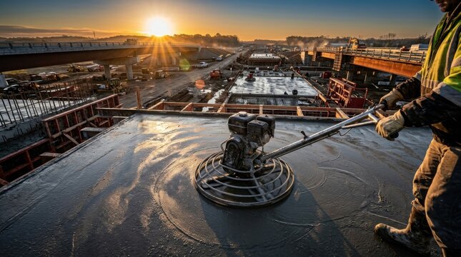 Industrial Construction Site With A Worker Using A Power Trowel At Sunrise
