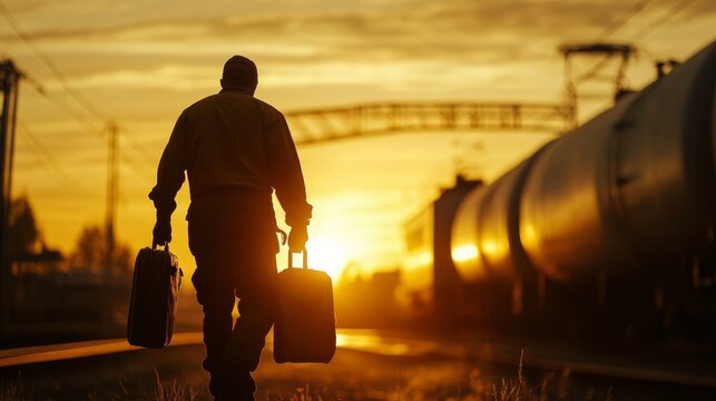 Journey's End: A lone traveler walks along a train track at sunset, carrying two suitcases, silhouetted against the golden sky, evoking a sense of departure or arrival.