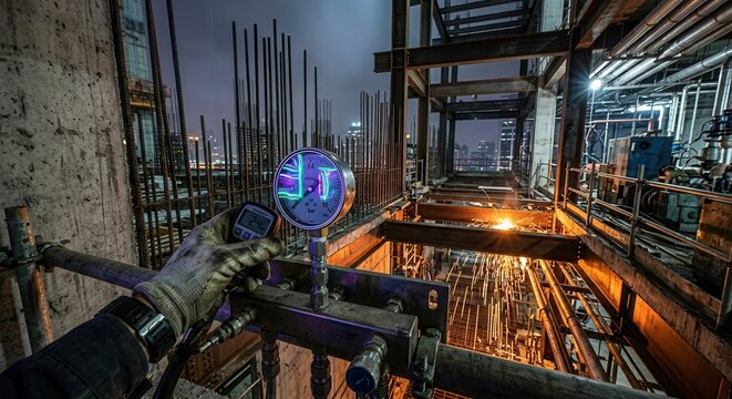 Industrial Construction Site with Gauge Reading and Welding Sparks at Night