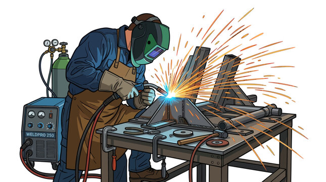 Welder working on metal components with bright sparks flying.