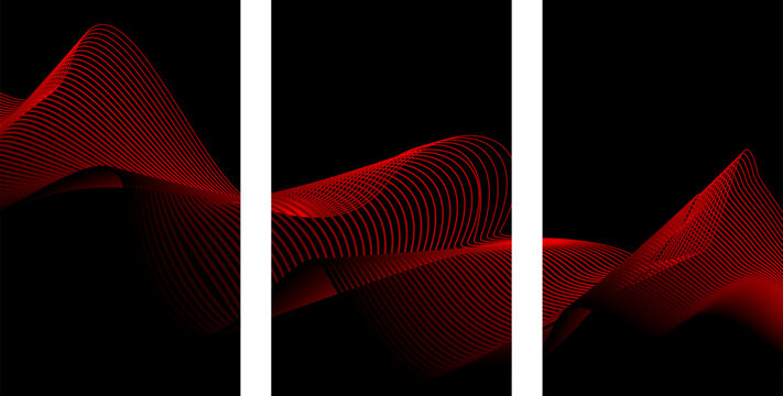 Abstract red dotted wave pattern on black background triptych with abstract background triptych geometric minimalist