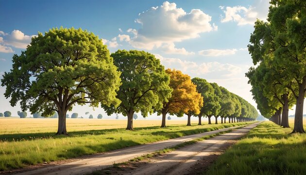Lush Green Tree Lined Dirt Road Stretching Through Sunny Rural Countryside