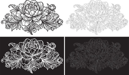 Elegant peony floral bouquet motif with baroque scrollwork engraving style in multiple black and white color variations © Sabbir
