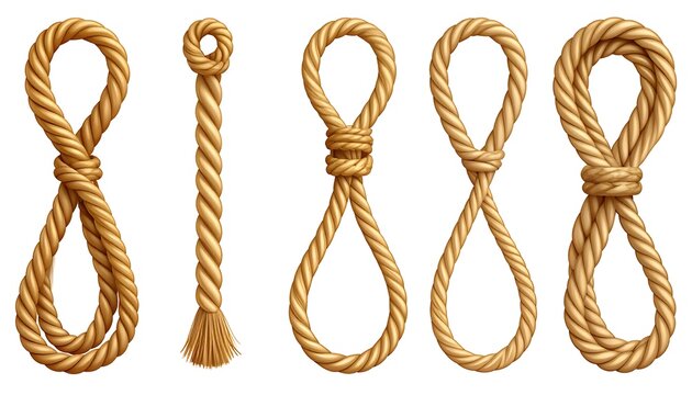 Golden Twisted Rope Knots Arranged As Loop Variations on Light Gray Background