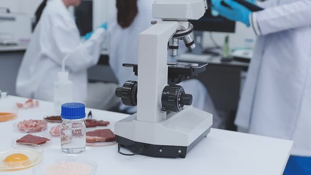 Close up scene of researcher examining alternative protein powder in sterile lab conditions with organized instruments promoting eco forward food innovation for sustainable biotechnology and nutrition