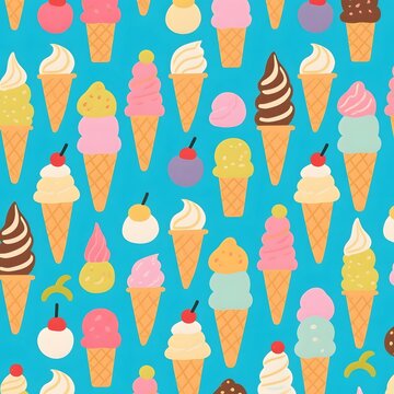 4k high quality Ai generative HD photo realistic background wallpaper food set seamless pattern dessert colorful ice cream vector chocolate sprinkle strawberry wafer roll mint pink blue green swirl