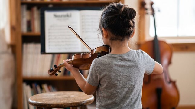 A young girl playing the violin in her home music studio.