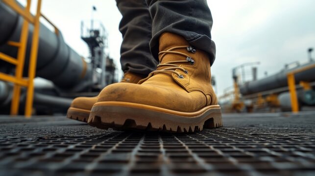 Safety First: Close-up of heavy-duty work boots on a metal grate, signifying safety and diligence in an industrial setting.
