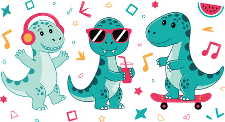 Cute Tyrannosaurus Rex Dinosaur Characters Vector Set Listening to Music Wearing Sunglasses and Riding a Skateboard for Creative Summer Graphic Designs © Ismail