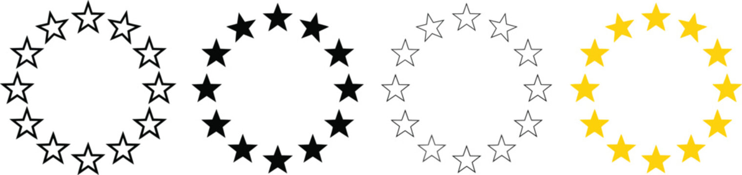 Set of twelvepointed star circles, european union flag style icons, collection of circular star arrangements