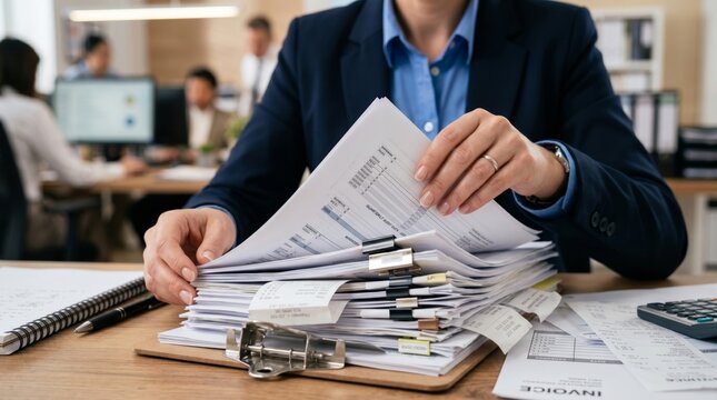 Business woman hands sorting corporate financial receipts and invoice documents on big office stack