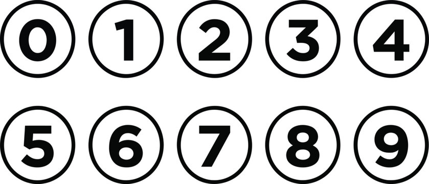 Set of numbers from zero to nine in black circles