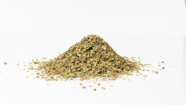 Dry thyme isolated, dried marjoram, oregano pile, ground crushed thyme seasoning, thyme leaves