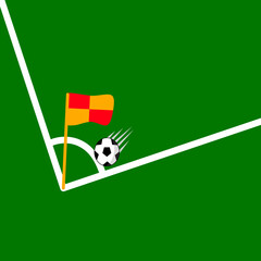 A vector illustration of a soccer ball on a white corner mark near the corner flag on the field, in orange and red. © Erlin