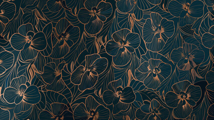 dense floral pattern with intricate gold outlines on dark blue background flowers design ornament botanical artwork vector illustration graphic decorative modern © Suranjan