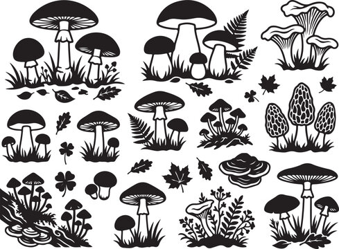 Black mushroom icons, fungi illustrations, vector set, 25 elements, white background