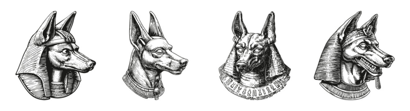 Ancient Egyptian Anubis Dog Figures with Hieroglyphic Designs, vector illustration, engraving design, logo design set, black and white line, template design element