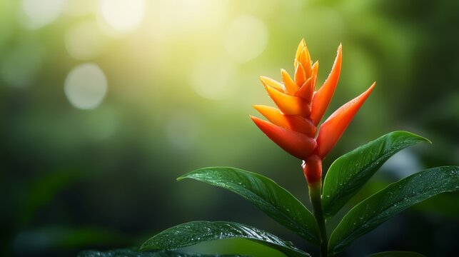 Vibrant Heliconia Flower in Lush Greenery: An exotic orange heliconia bloom stands proudly amidst verdant foliage, illuminated by a soft, diffused sunlight that casts a gentle glow.