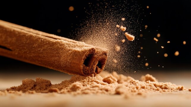 Cinnamon Spice Explosion: A close-up shot captures a cinnamon stick and its powdered spice in mid-air, creating a dynamic and aromatic scene perfect for culinary inspiration.