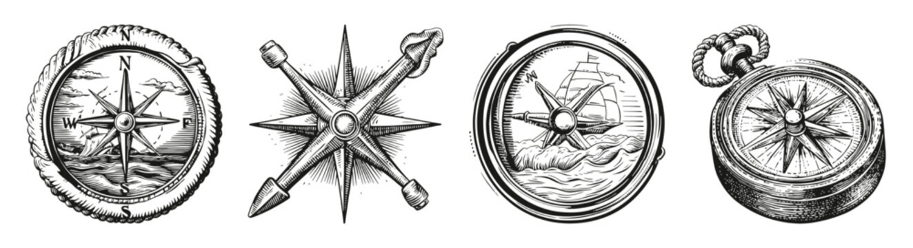 Vintage Nautical Logo Design Featuring Compass and Sea Elements, vector illustration, engraving design, logo design set, black and white line, template design element