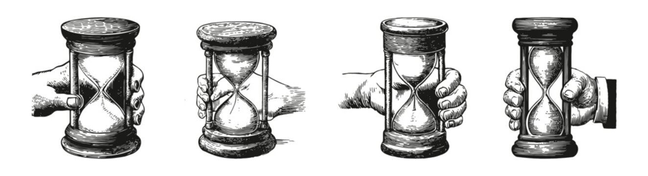 Vintage Illustration of Hourglass Representing Time Passing Concept, vector illustration, engraving design, logo design set, black and white line